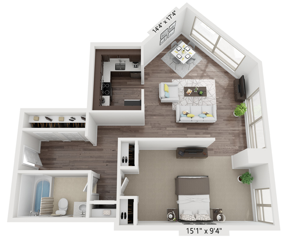 Floor plan for 1 bed, 1 bath, 593 sqft